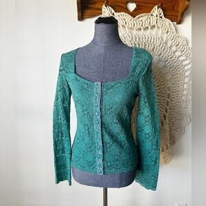 Moda International Y2K Teal Unconventional Lace Button-Down Shirt Small